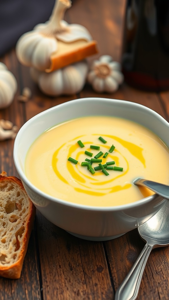 A bowl of roasted garlic soup with chives, accompanied by crusty bread on a wooden table.